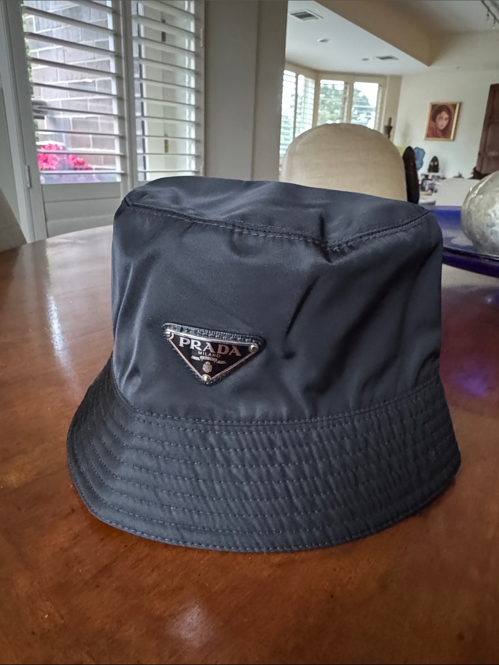 Prada Black Nylon Bucket Hat with Triangular Logo Plaque